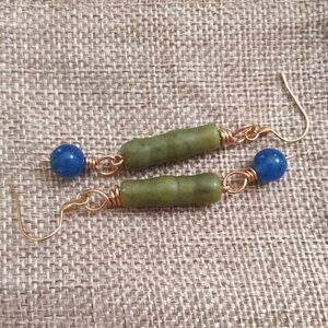 🍂🍂 🍂 Unique Fall Magic! Sleek Sage Green Jasper + Blue Agate Dangle Earrings